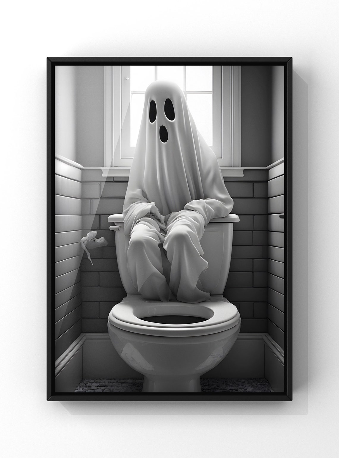 Ghost On Toilet Black White Spooky Halloween Bathroom Funny Poster