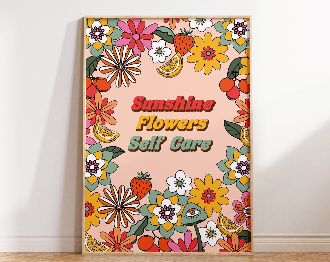 Sunshine Flowers Self Care Retro Floral Frame Affirmation Poster