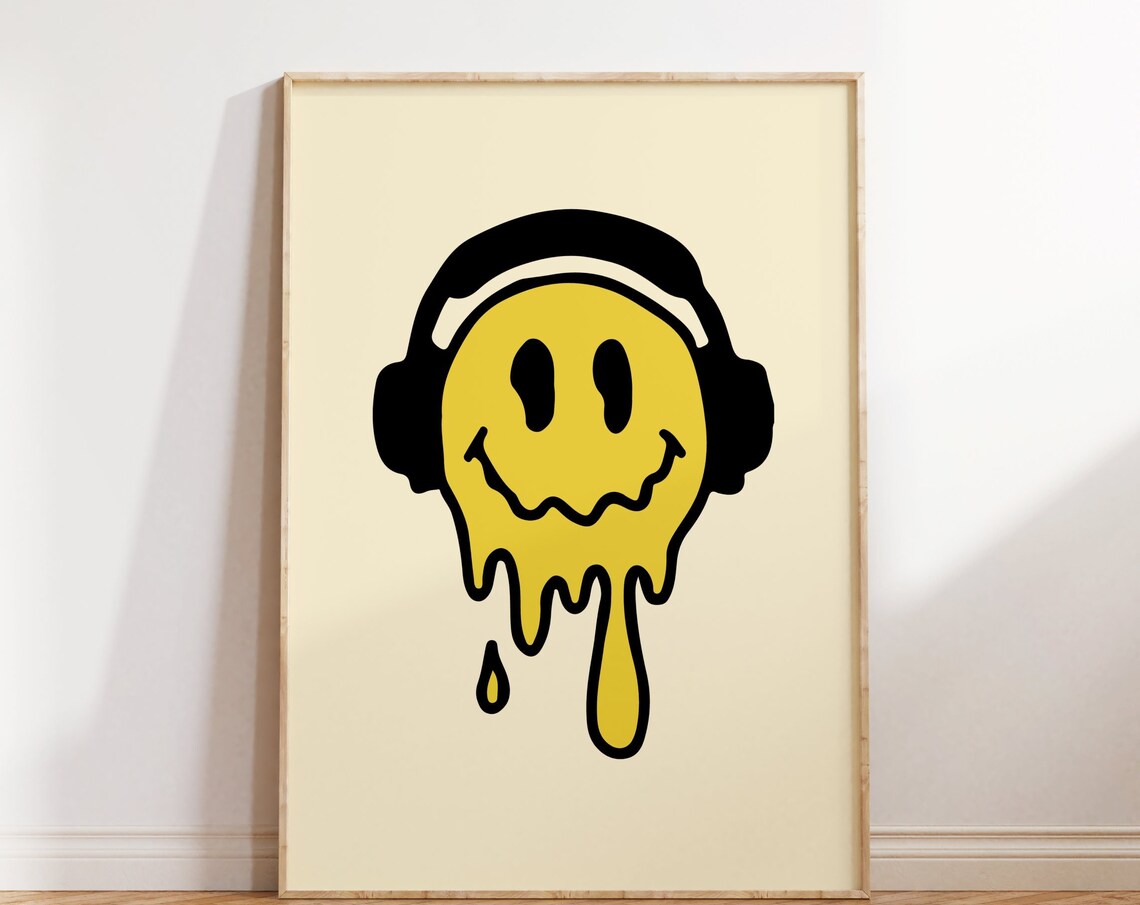 Melting Smiley Face Headphones Yellow Retro Groovy Art Print