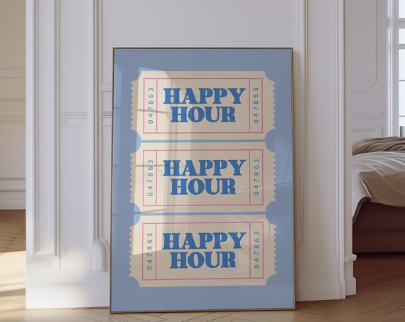 Happy Hour Ticket Print Bar Cart Decor Trendy Wall Art Retro Ticket Poster Aesthetic Prints Happy Hour Ticket Poster Art