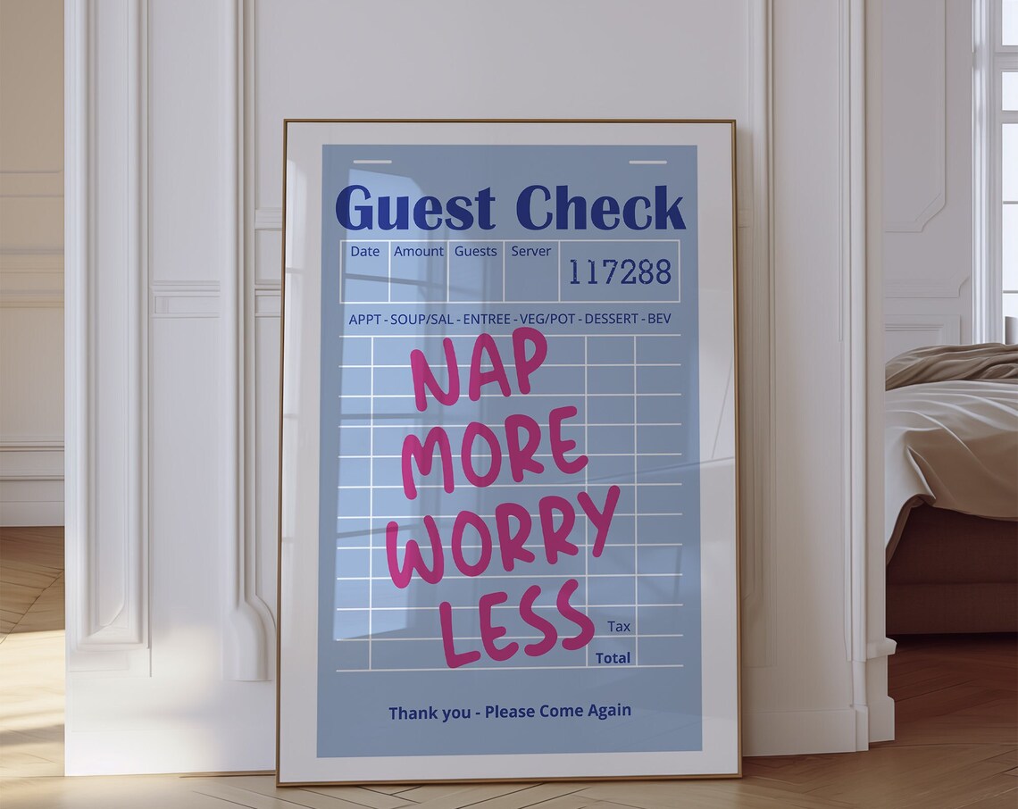 Nap More Worry Less Guest Check Retro Diner Funny Quote Wall Poster