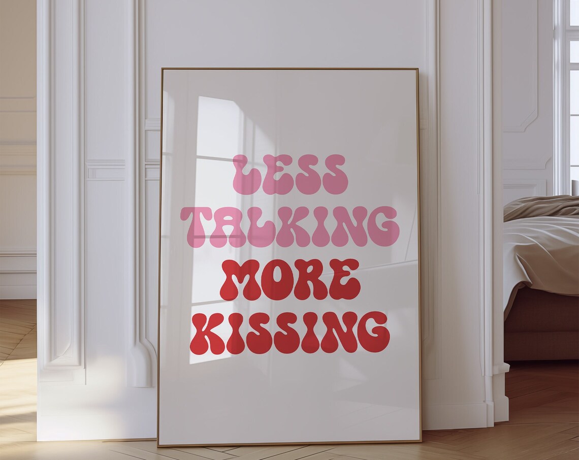 Less Talking More Kissing Pink Groovy Retro Cute Love Quote Poster - Image 3