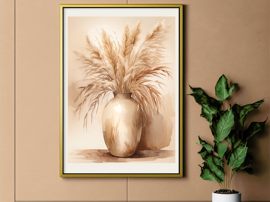 Pampas Grass Ceramic Vase Beige Boho Chic Watercolor Art Poster - Image 3