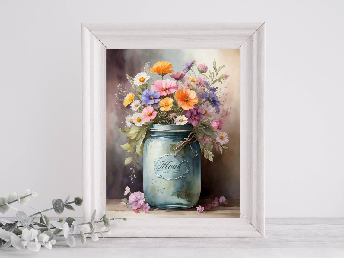 Wildflower Bouquet Blue Mason Jar Floral Watercolor Art Poster - Image 2