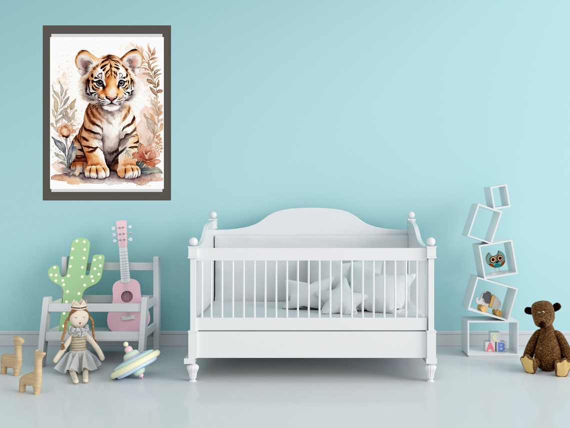 Cute Baby Tiger Cub Floral Watercolor Nursery Animal Art Poster - Image 3