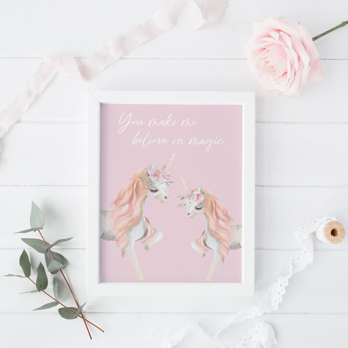 You Make Me Believe In Magic Twin Unicorns Pink Nursery Wall Art - Image 2