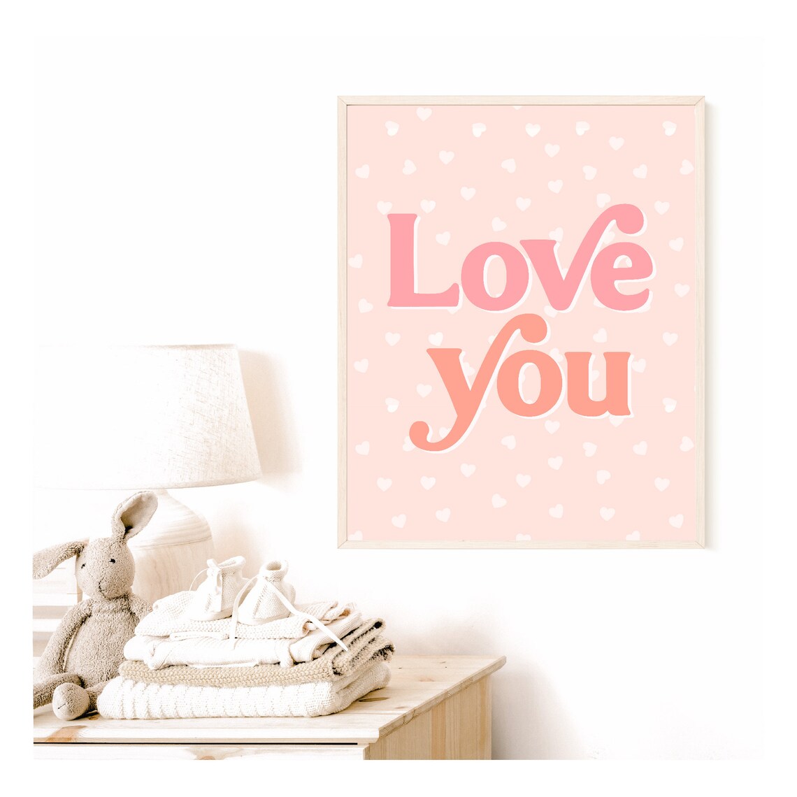 Love You Retro Pink Heart Typography Girls Bedroom Nursery Wall Art