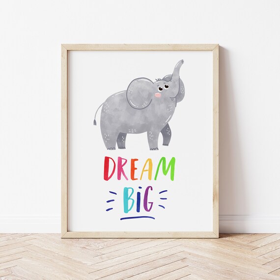 Dream Big Watercolor Elephant Rainbow Letters Kids Nursery Poster