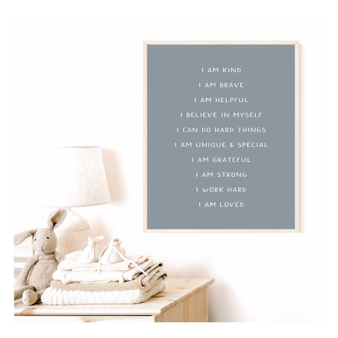 Positive Affirmations Dusty Blue I Am Kind Boys Nursery Wall Poster
