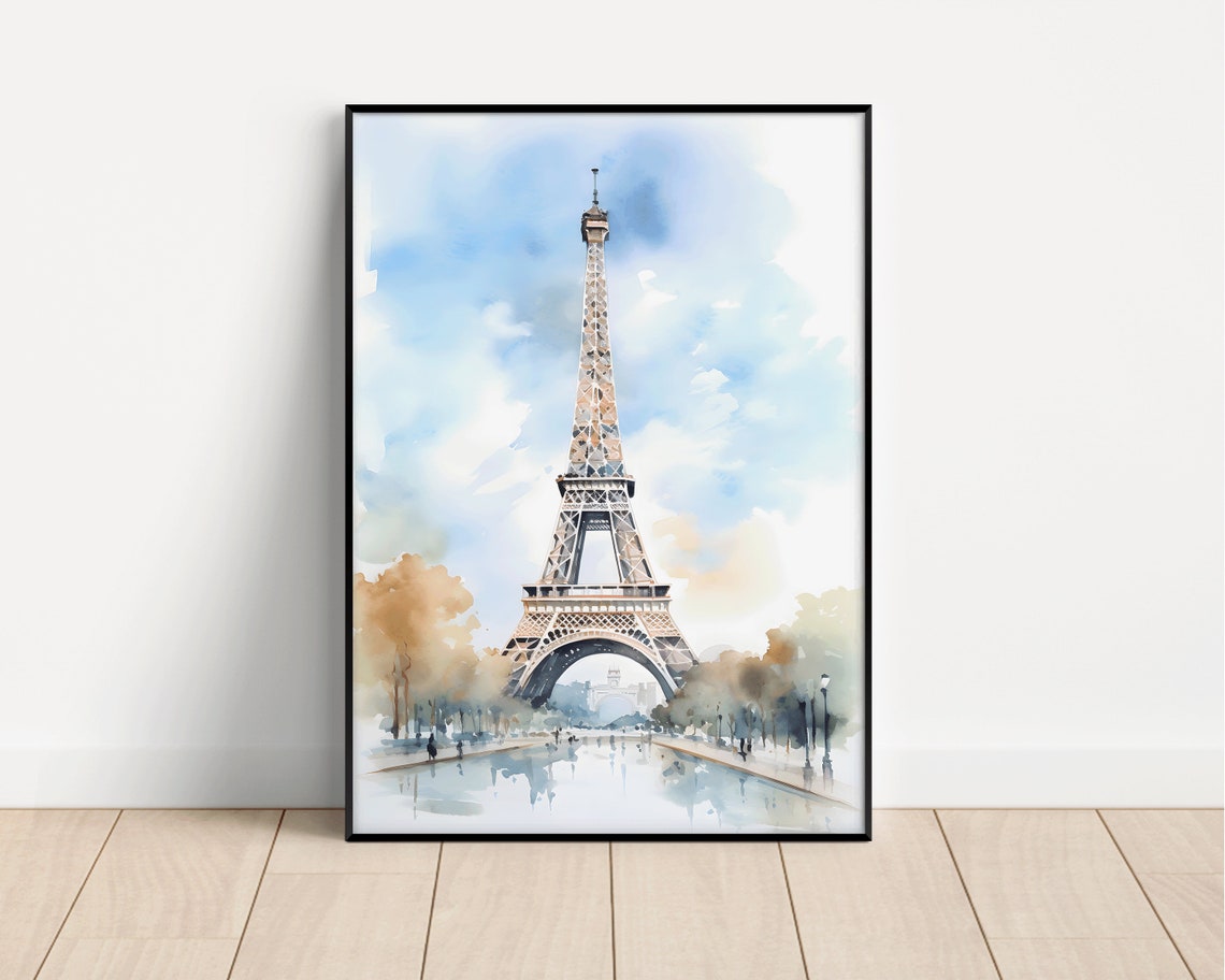 Paris Eiffel Tower Watercolor Landmark Soft Blue Sky Art Poster - Image 3