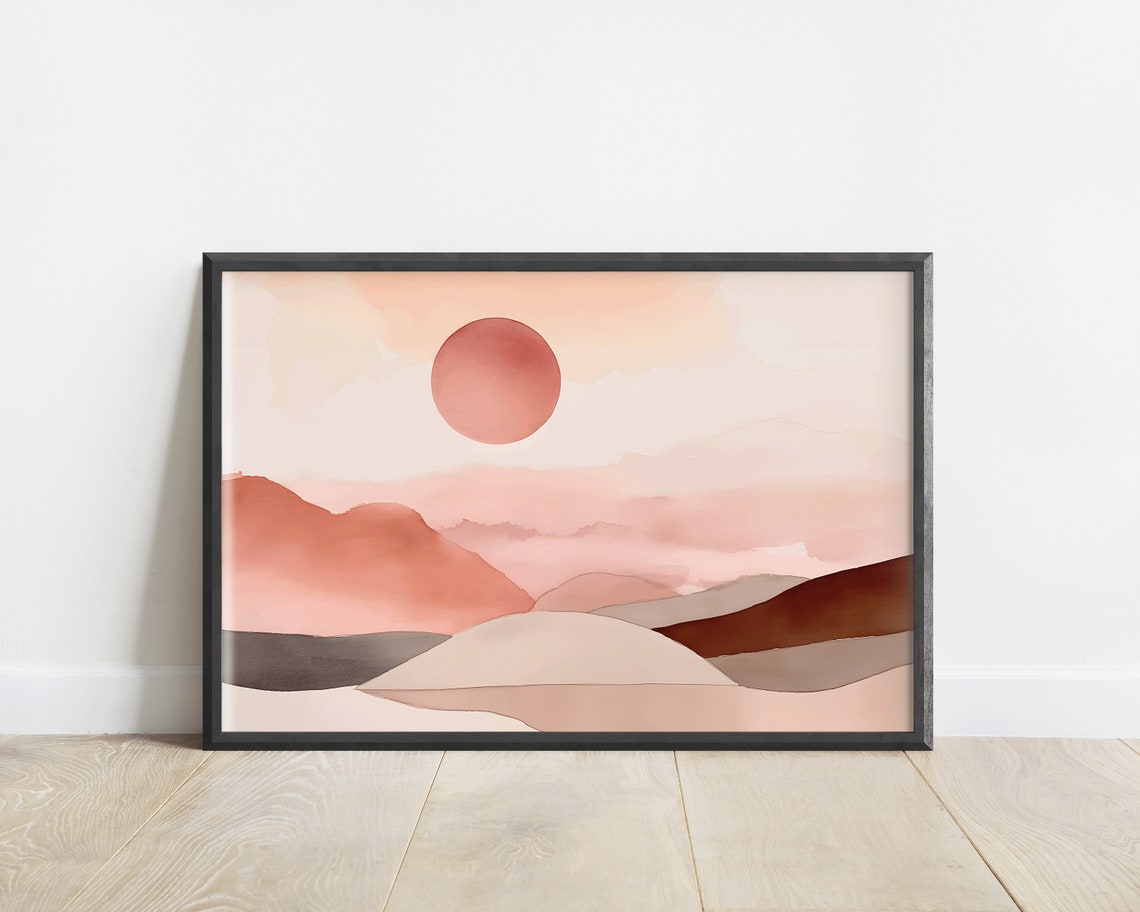 Terracotta Sun Over Rolling Hills Abstract Watercolor Sunset Poster - Image 3