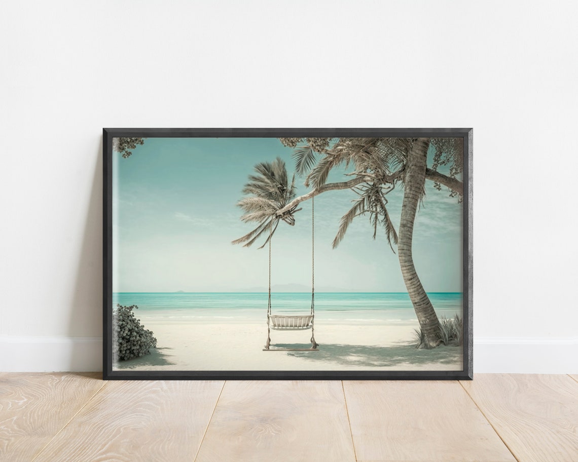 Tropical Palm Tree Beach Swing Over Turquoise Sea Daylight Poster - Image 3