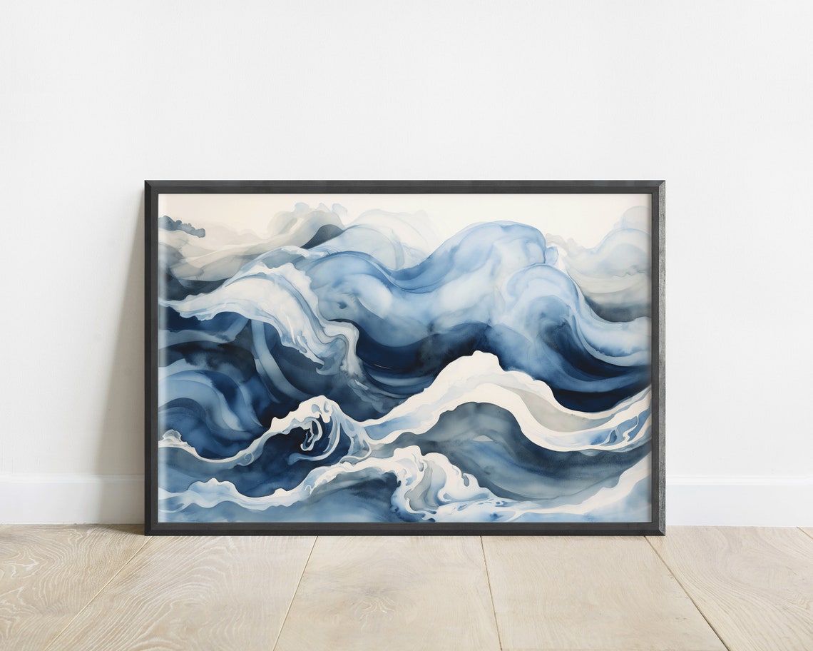 Abstract Blue Watercolor Ocean Waves Swirling Coastal Art Poster - Image 3
