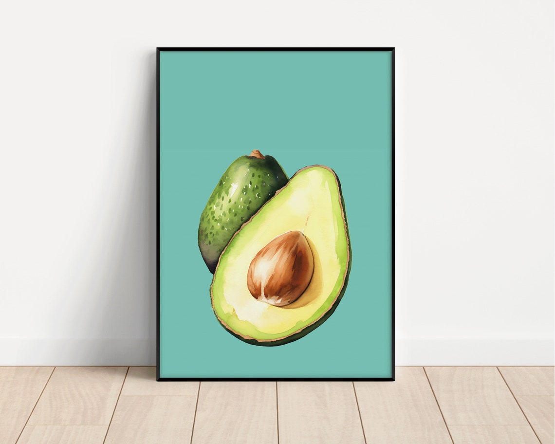 Avocado Halved and Whole Watercolor on Turquoise Kitchen Poster - Image 3