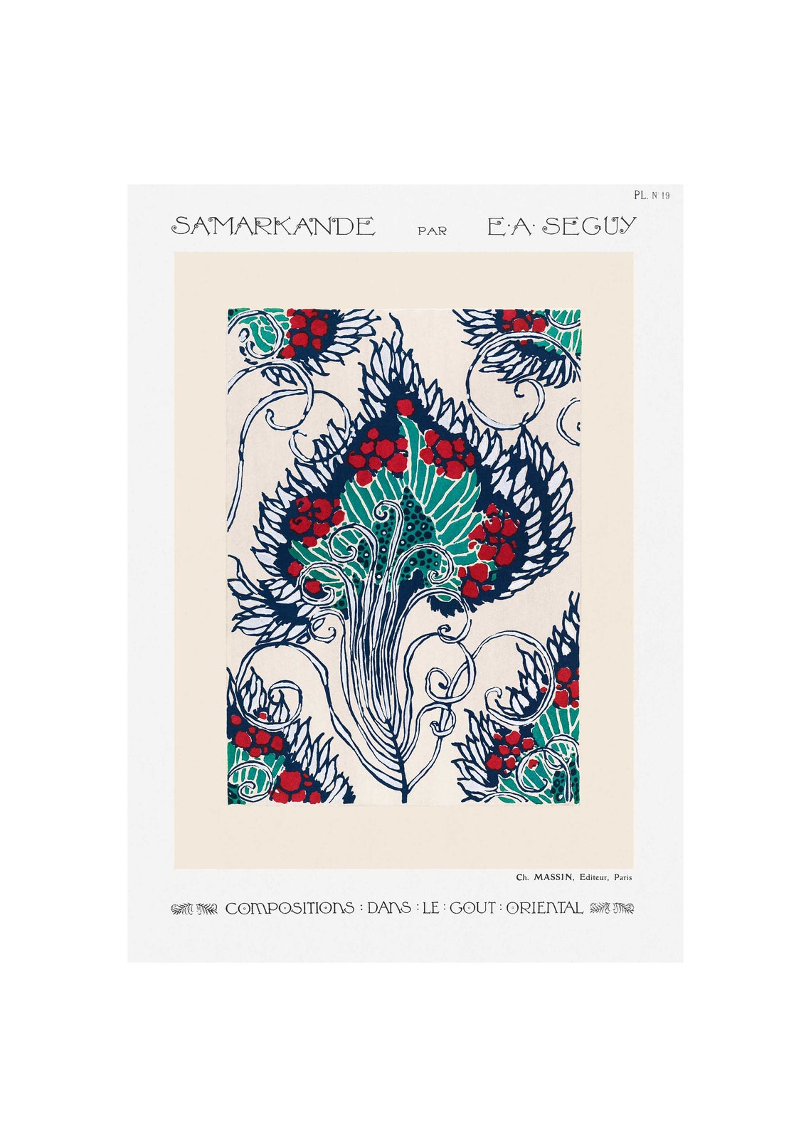 E.A. Seguy Samarkand 1914 Plate 19 Teal Red Floral Motif Poster