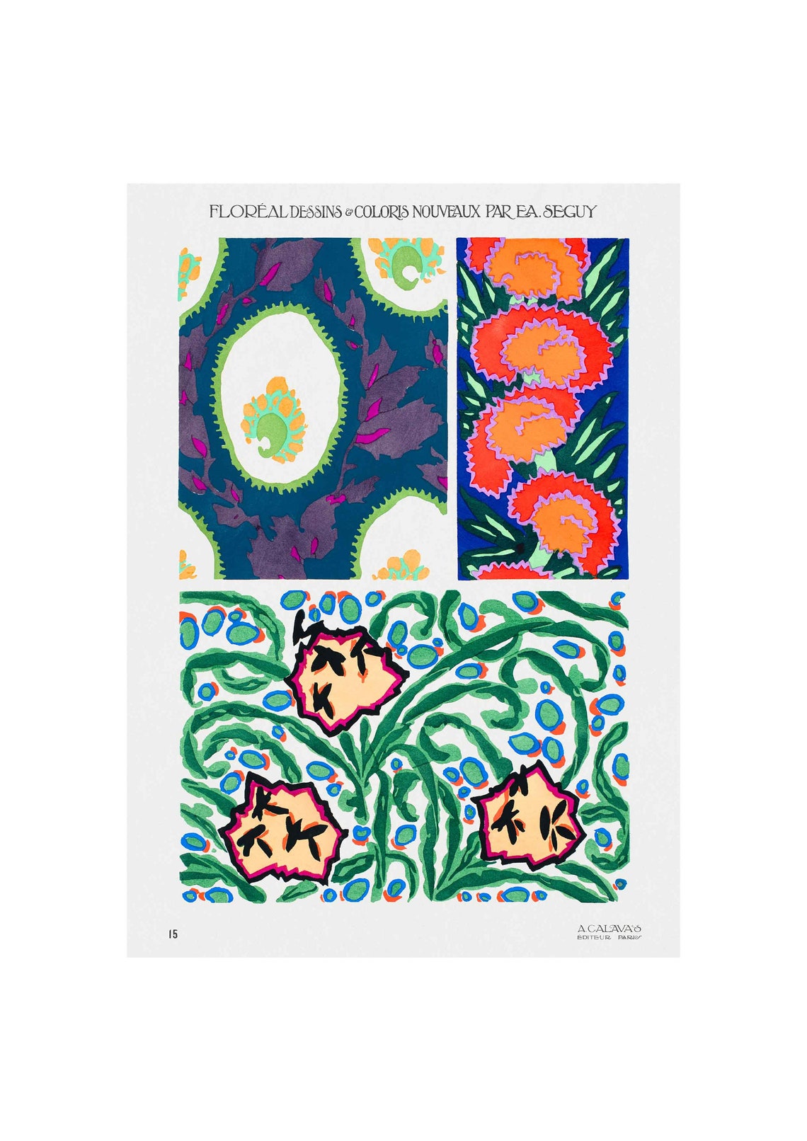 E A Seguy Floreal Plate 15 Orange Carnations Medallion Pattern Poster