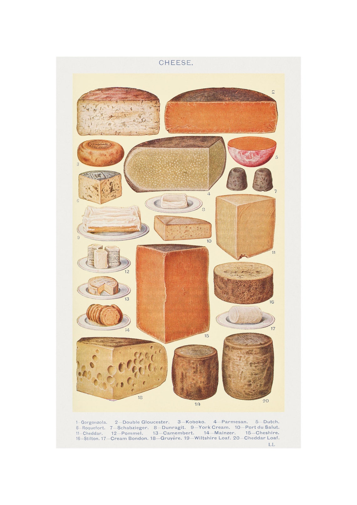 Antique Cheese Chart 20 Varieties Vintage Kitchen Food Poster