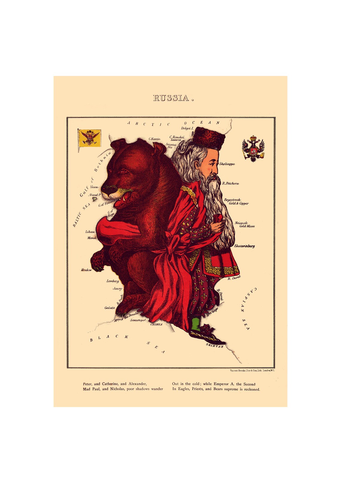 Comic Map of Russia Bear Tsar 1868 Victorian Caricature Map Poster