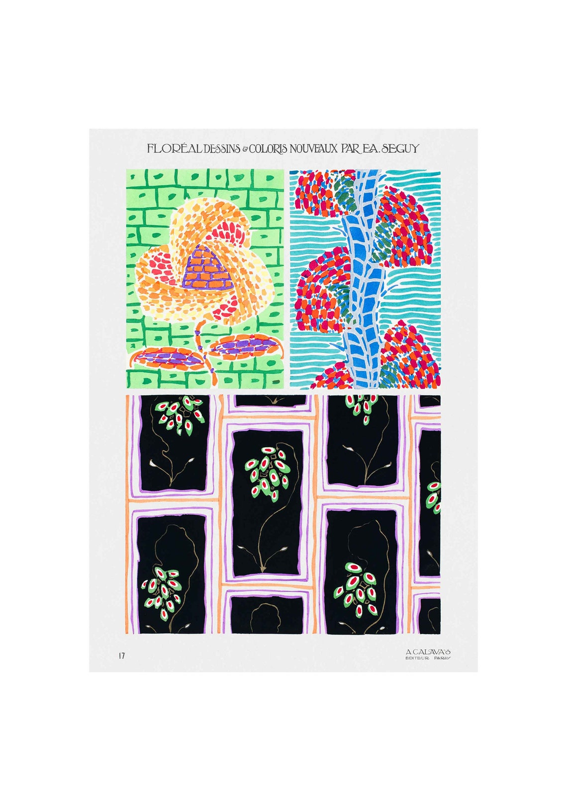 E A Seguy Floreal Plate 17 Orange Lily Grid Berry Pattern Poster