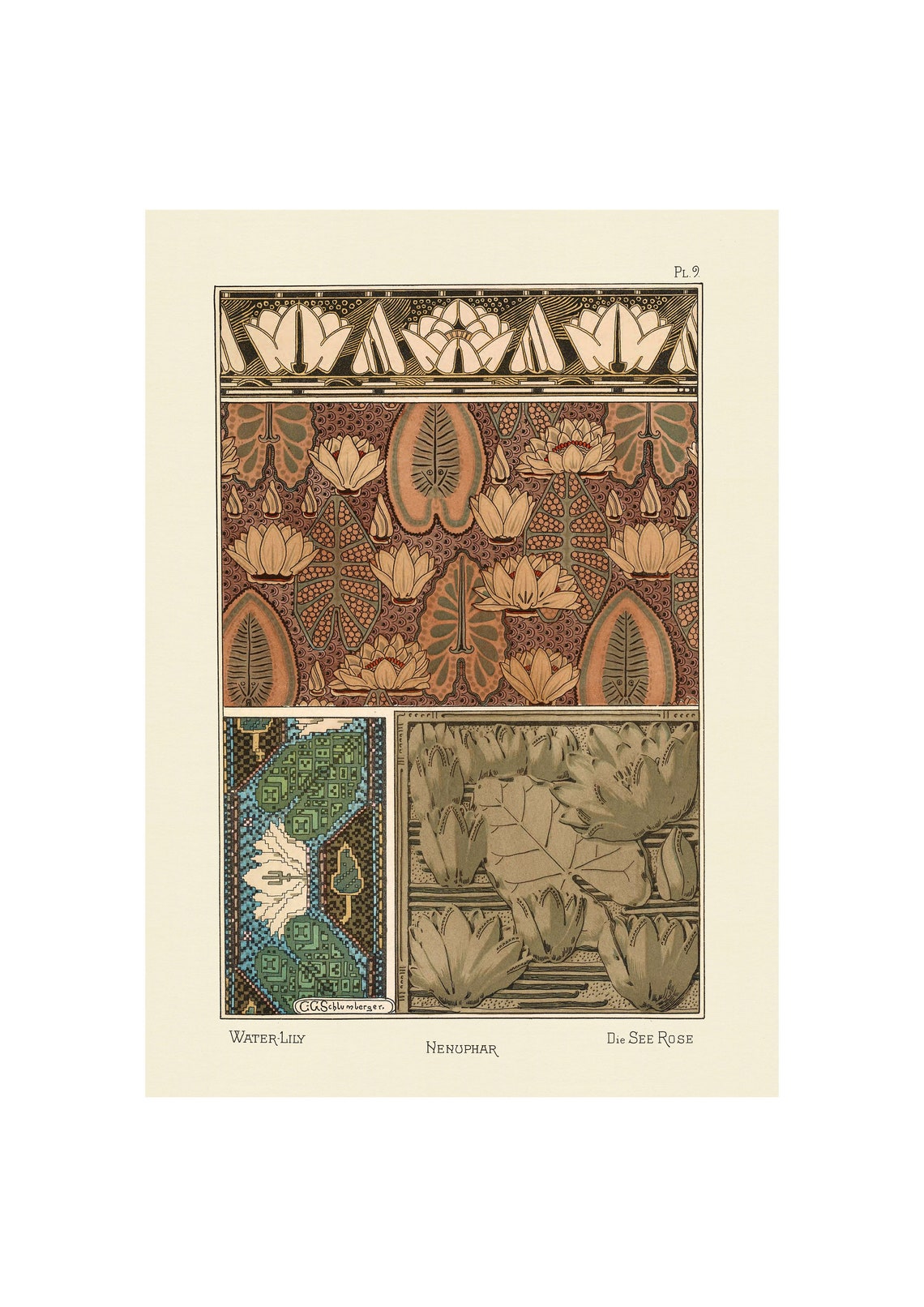 Art Nouveau Water Lily Brown Tapestry Pattern Ornament Poster