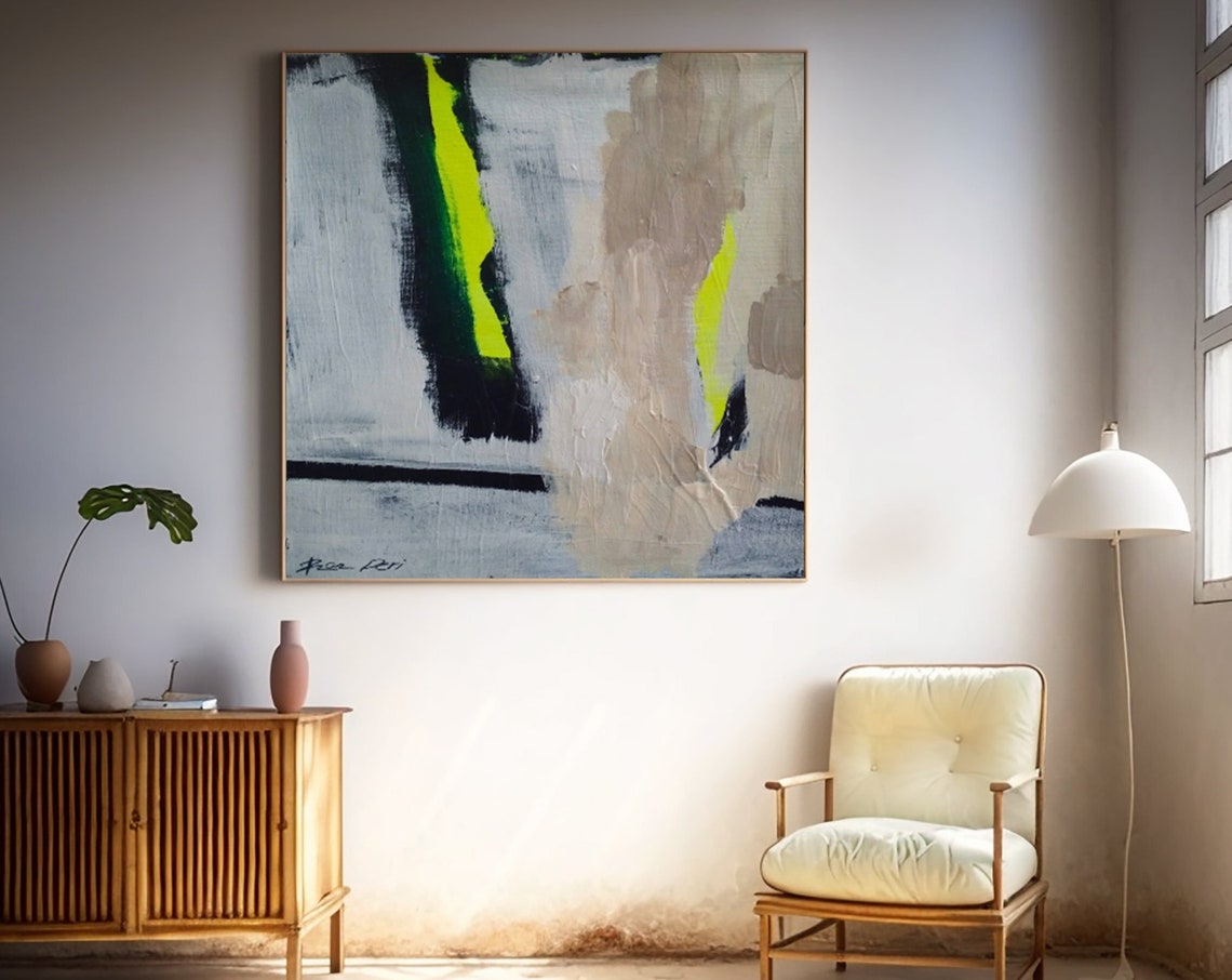 Minimalist Gray With Neon Lime Streak Contemporary Art Poster