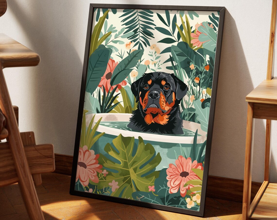 Rottweiler in Bathtub Coral Floral Tropical Jungle Dog Poster - Image 4