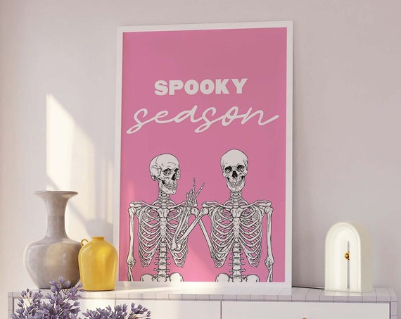 Spooky Season Skeleton Print Art Cute Pink Halloween Wall Decor Trendy Halloween Wall Art