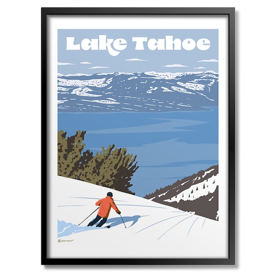 Ski Lake Tahoe Travel Poster, Winter Sports Art