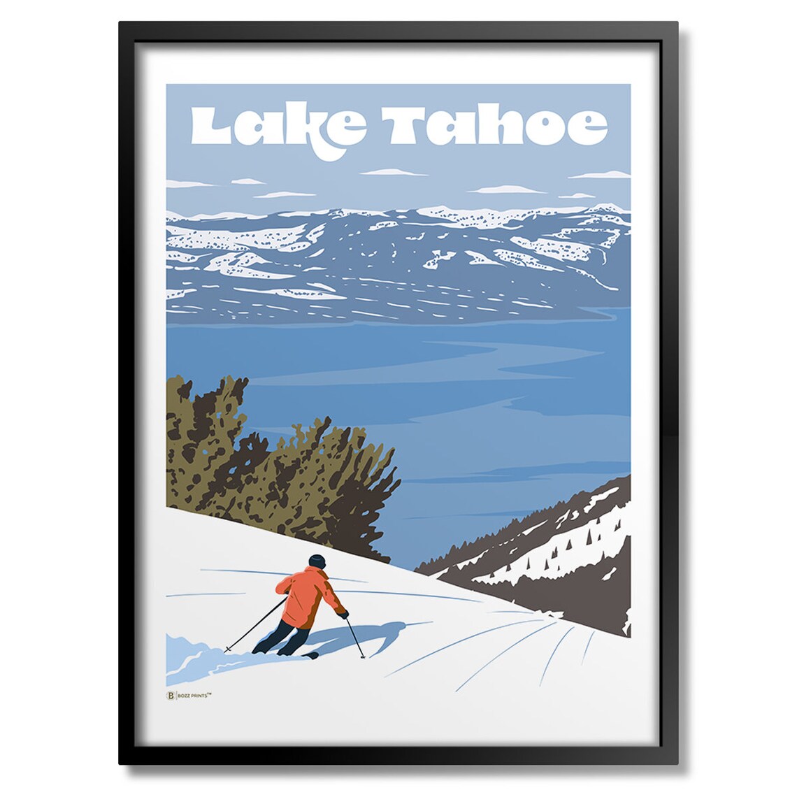 Ski Lake Tahoe Travel Poster, Winter Sports Art