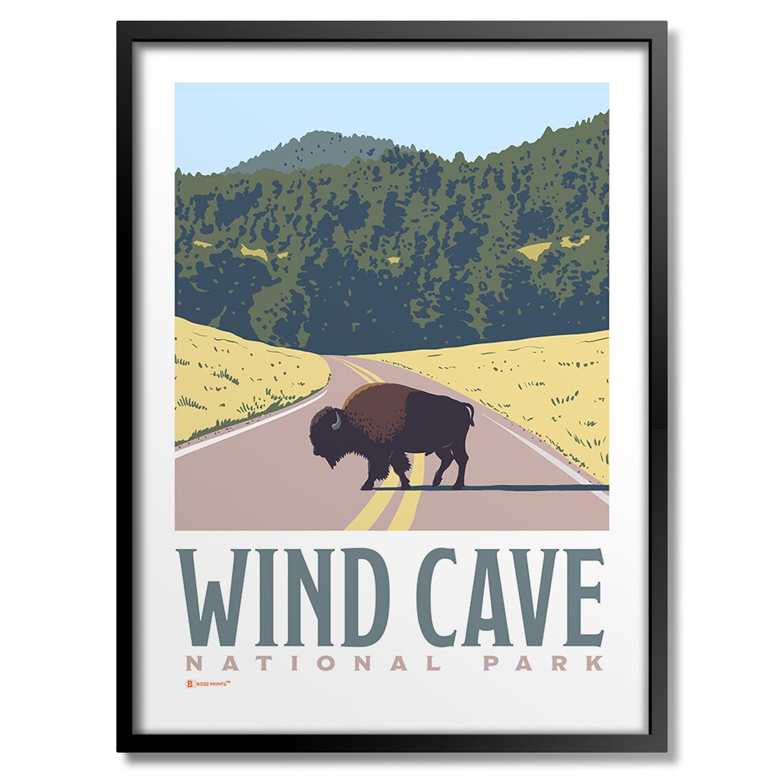 Wind Cave National Park Bison Crossing Road Vintage Travel Poster