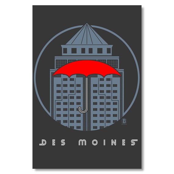 Des Moines Iowa Poster Red Umbrella Icon Building Circle Retro Art Decor