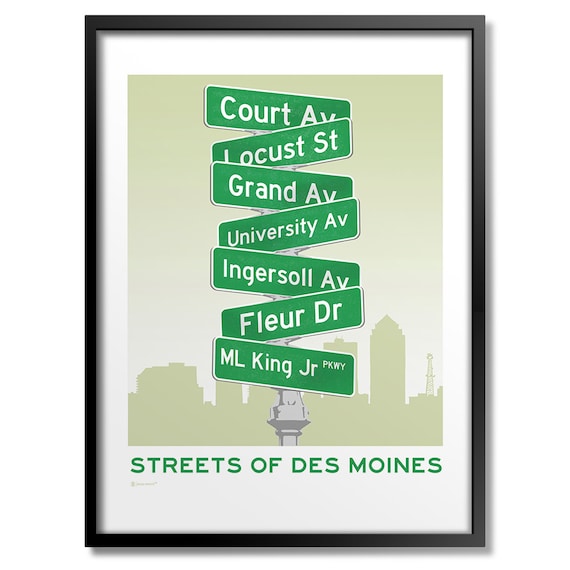 Streets Of Des Moines Iowa Vintage Street Sign Skyline Poster