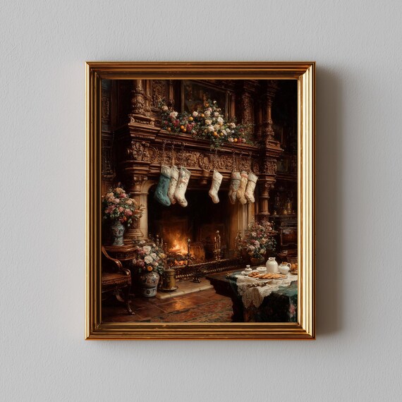 Vintage Christmas Fireplace Art Print, Festive Stockings