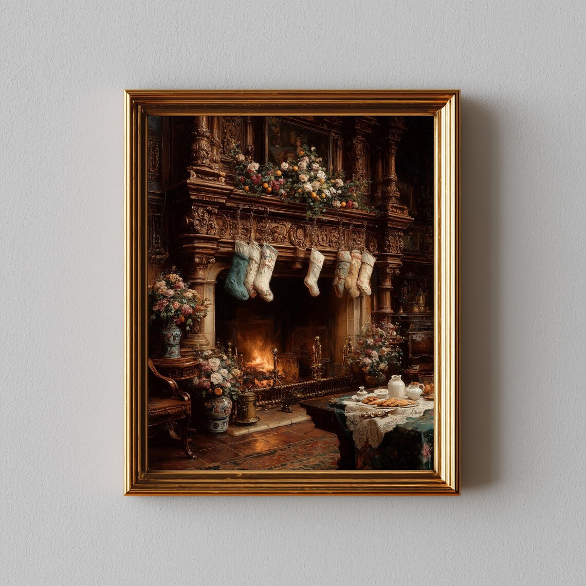 Vintage Christmas Fireplace Art Print, Festive Stockings