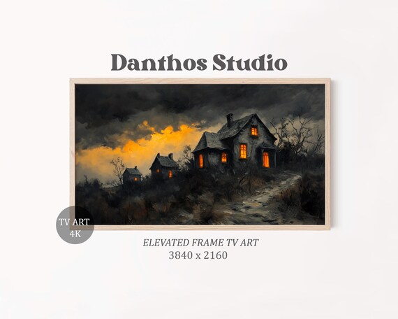 Spooky Haunted Houses Frame Tv Art Dramatic Stormy Sky Moody Gothic Wall Decor Halloween Landscape Painting Instant 19