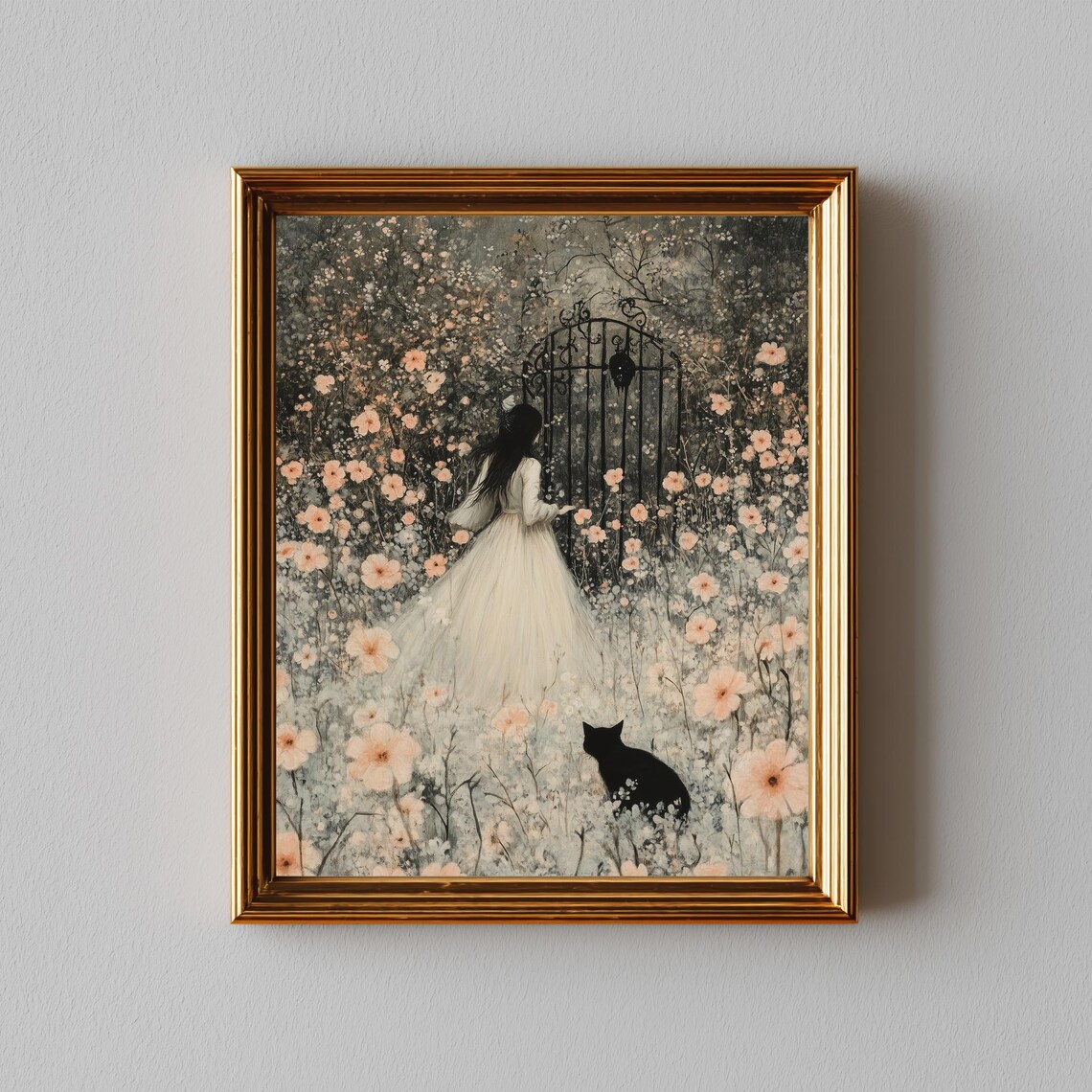 Boho Fairy Garden Girl With Black Cat Vintage Floral Art Print