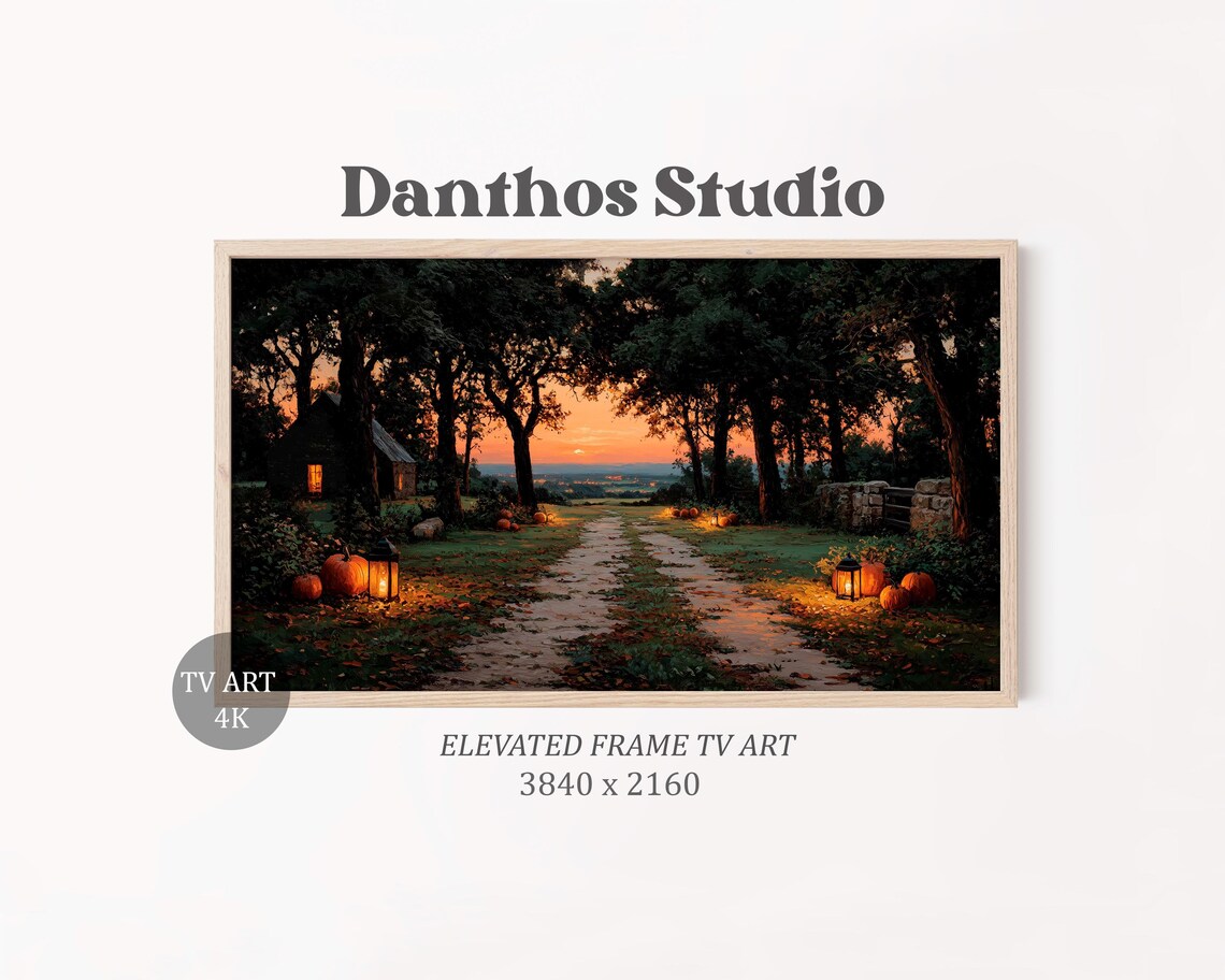 Autumn Country Lane at Sunset with Pumpkins and Lanterns Art Poster
