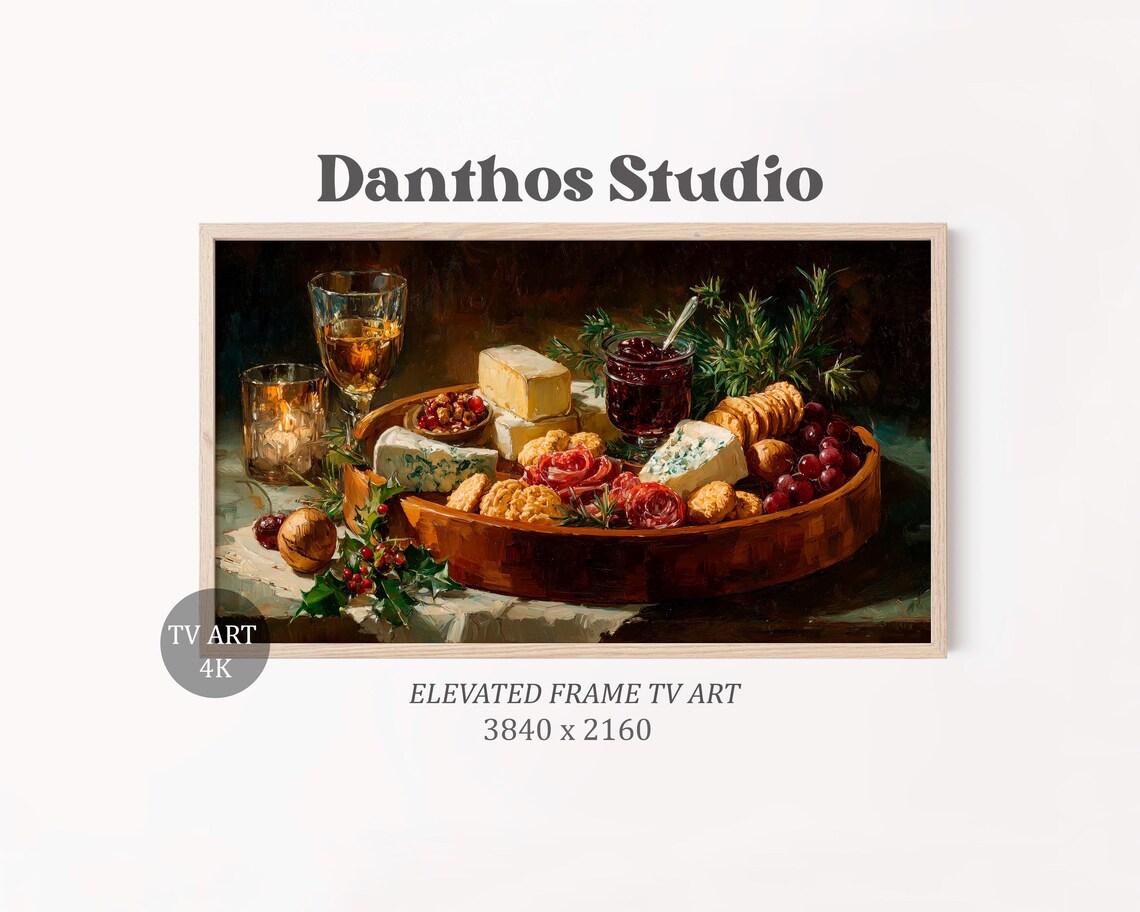 Rustic Christmas Charcuterie Board with Cheese and Wine Festive Art Poster