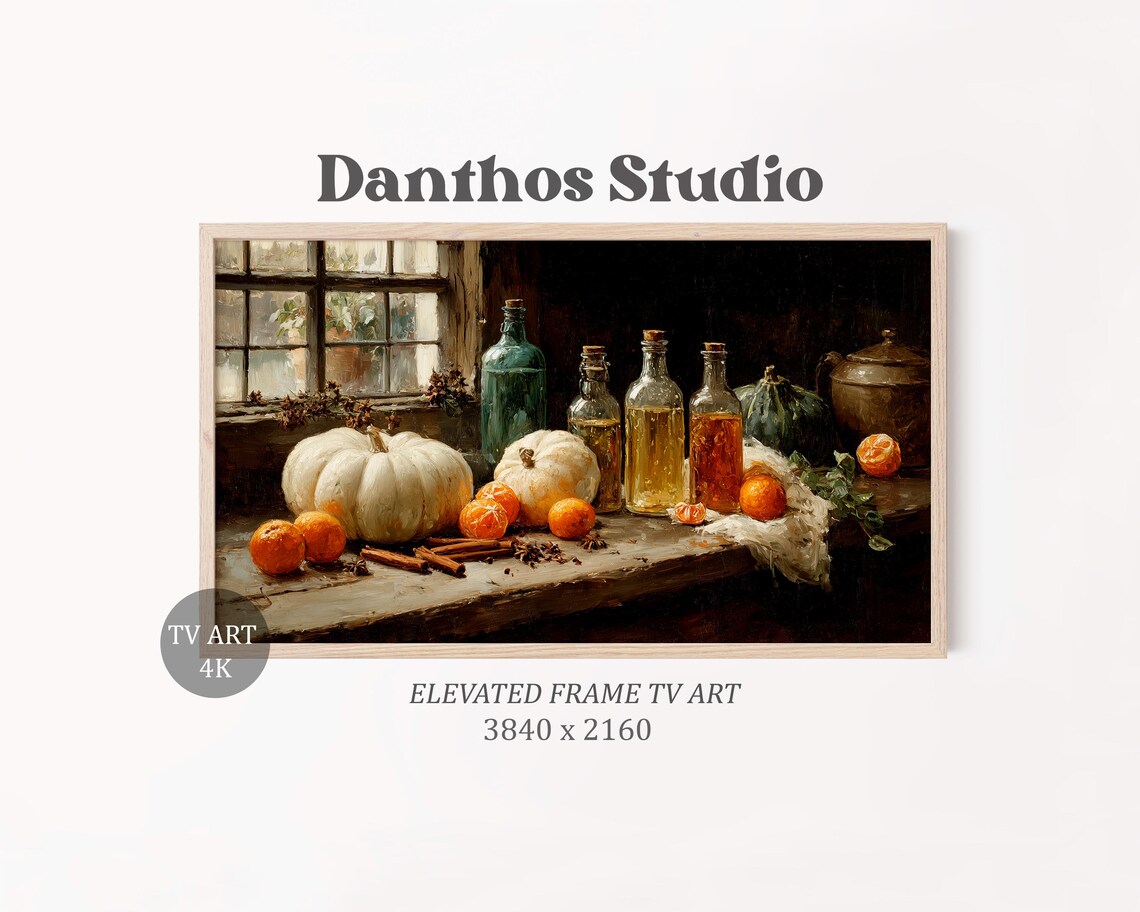 Moody Farmhouse Still Life White Pumpkins Bottles Tangerines Autumn Print