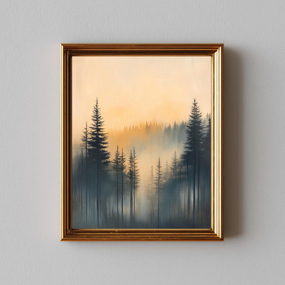Moody Pine Forest At Dawn Rustic Landscape Painting Serene Morning Mist Minimalist Evergreen Wall Art Nature Decor 298