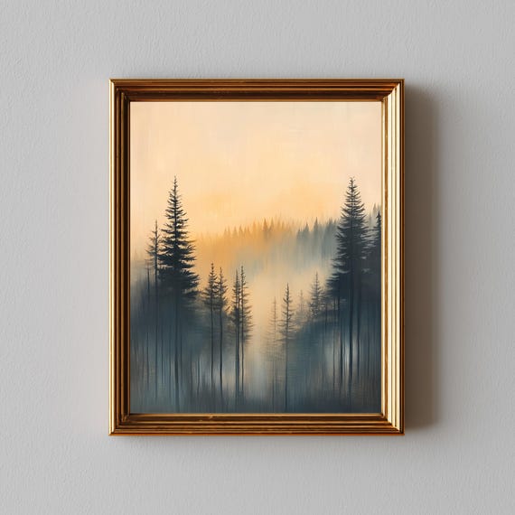 Moody Pine Forest At Dawn Rustic Landscape Painting Serene Morning Mist Minimalist Evergreen Wall Art Nature Decor 298
