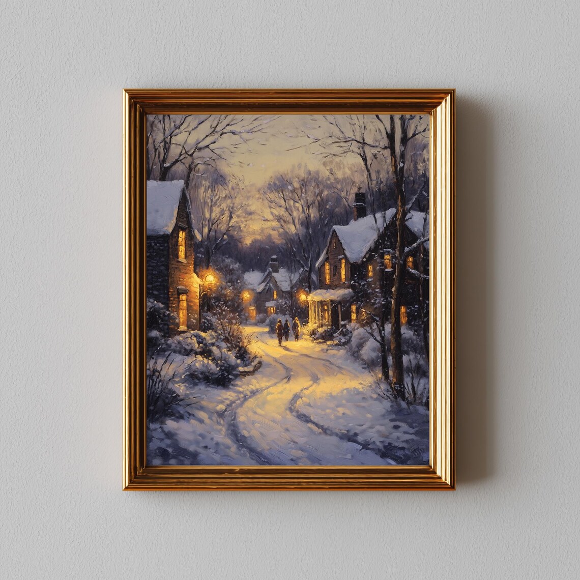 Winter Neighborhood Scene, Vintage Holiday Decor Art Print