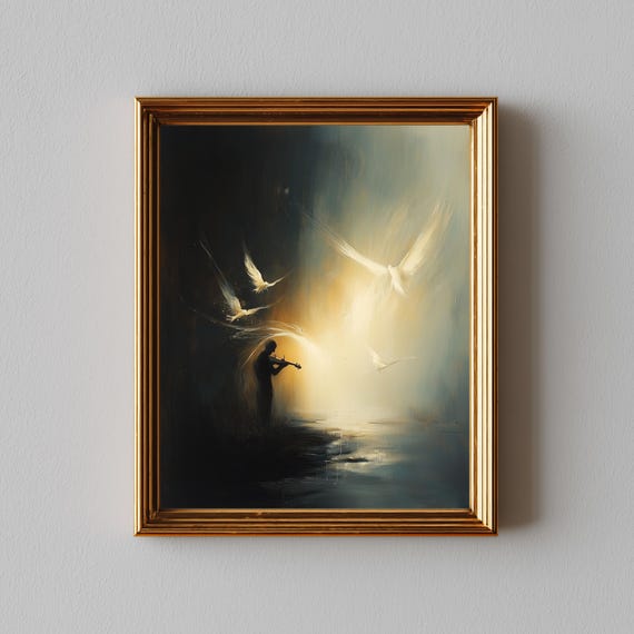 Ethereal Violinist Oil Painting, Moody Autumn Scene