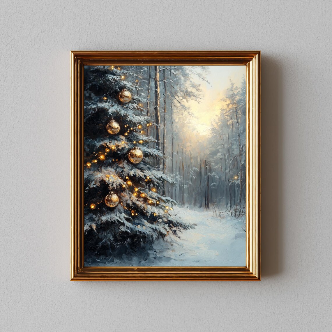 Snowy Christmas Tree with Gold Ornaments Winter Forest Poster