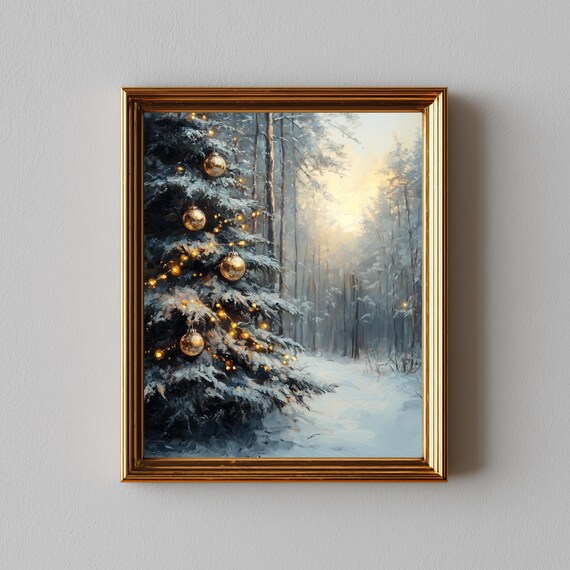 Snowy Christmas Tree with Gold Ornaments Winter Forest Poster