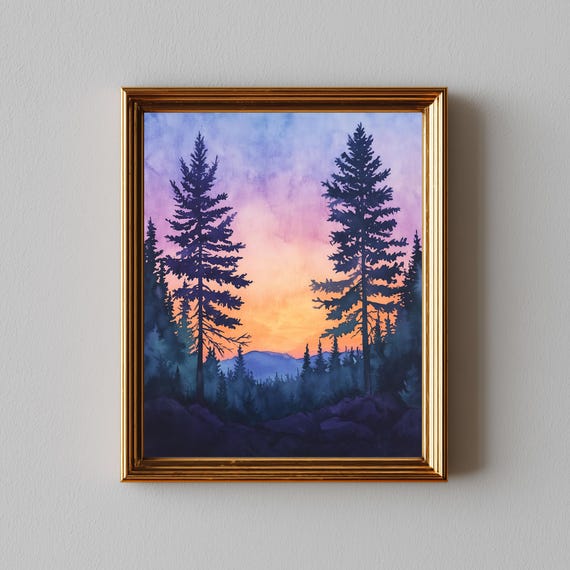 Moody Watercolor Forest Sunset Scene Rustic Cabin Decor With Silhouetted Pine Trees Serene Mountain Landscape Wall Art 309