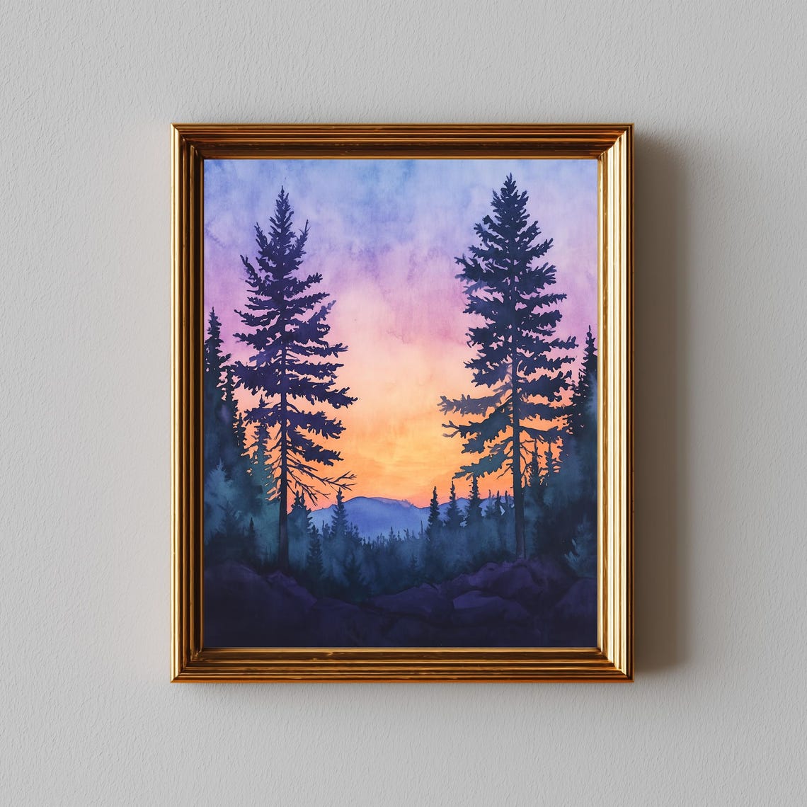 Pine Forest Sunset Watercolor Silhouette Against Purple Sky Wall Art