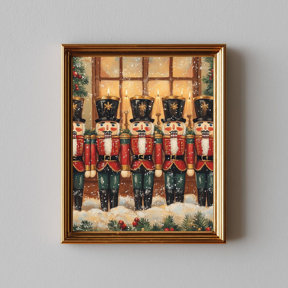 Vintage Nutcracker Soldiers Row Christmas Oil Painting Poster