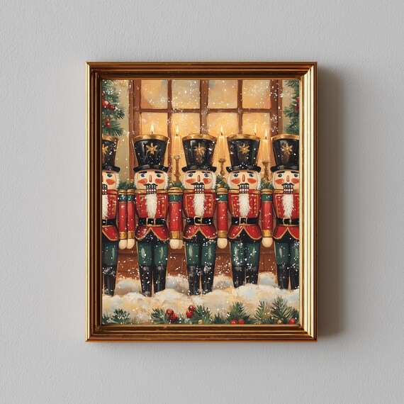 Vintage Nutcracker Soldiers Row Christmas Oil Painting Poster