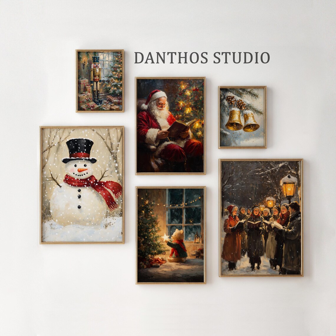 Set Of 6 Vintage Christmas Santa Snowman Nutcracker Carolers Wall Art